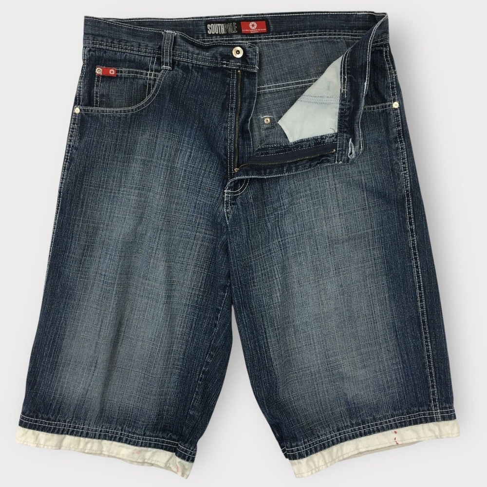 Vintage Southpole Shorts Mens 36 Blue Denim Jorts Baggy Y2K Red Tab Wide Loose
